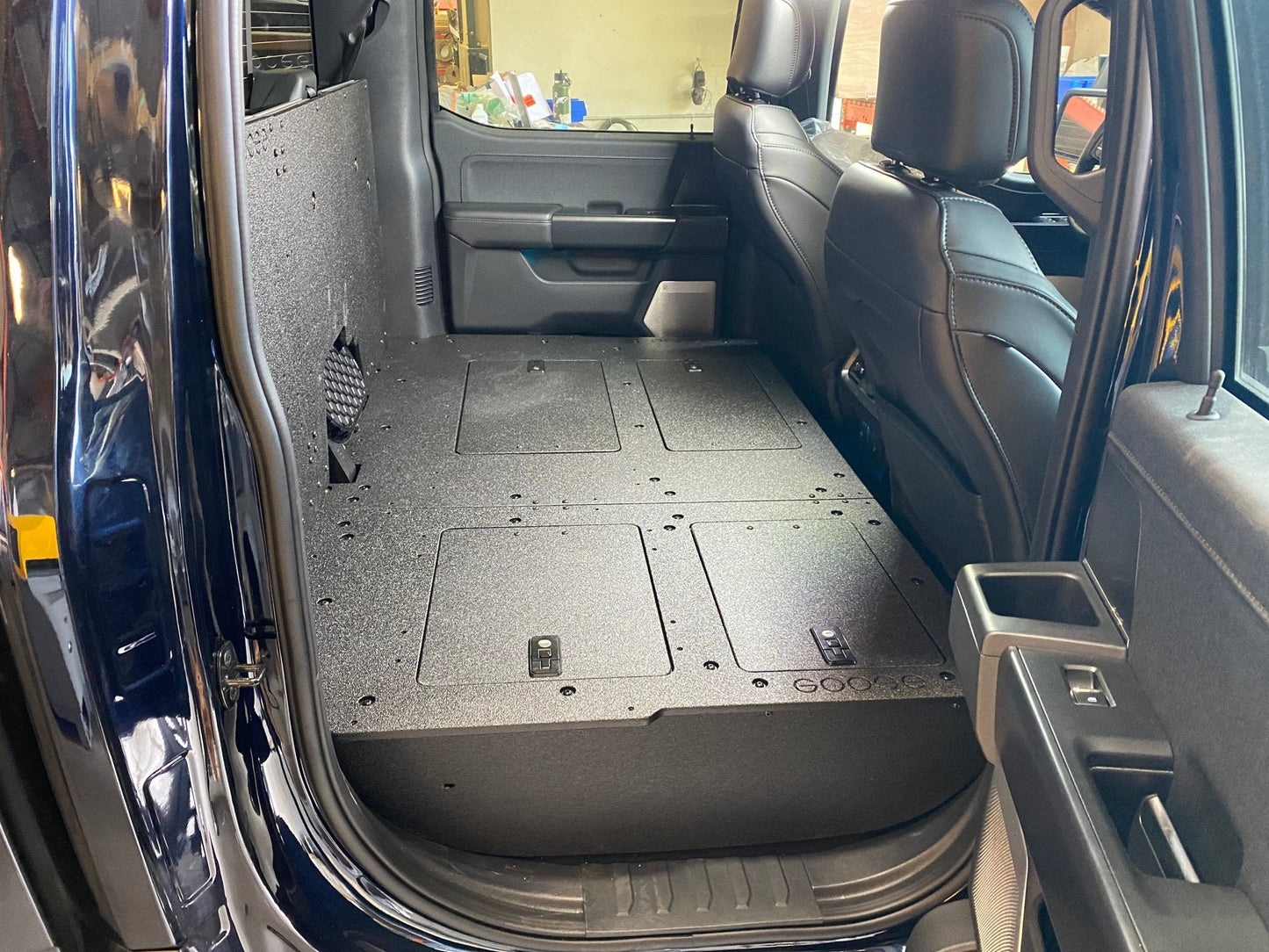 GOOSE GEAR Ford Super Duty Ford - F250-F350 - 2023-Present - 5th Gen. Crew Cab - Second Row Seat Delete Plate System with Factory B&O Subwoofer Center Wall with Exterior Port - 1210-GGR-SH