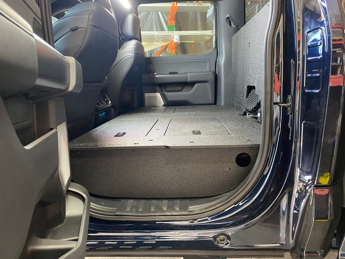 GOOSE GEAR Ford Super Duty Ford - F250-F350 - 2023-Present - 5th Gen. Crew Cab - Second Row Seat Delete Plate System with Factory B&O Subwoofer Center Wall with Exterior Port - 1210-GGR-SH