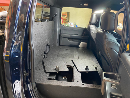 GOOSE GEAR Ford Super Duty Ford - F250-F350 - 2023-Present - 5th Gen. Crew Cab - Second Row Seat Delete Plate System with Factory B&O Subwoofer Center Wall with Exterior Port - 1210-GGR-SH