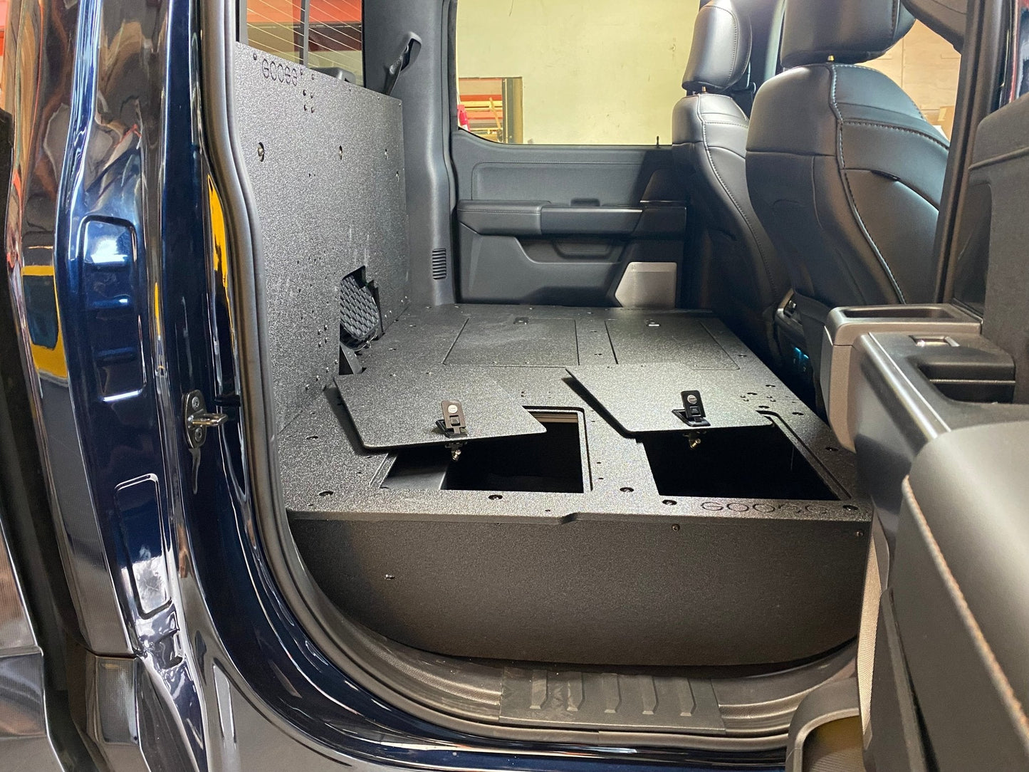 GOOSE GEAR Ford Super Duty Ford - F250-F350 - 2023-Present - 5th Gen. Crew Cab - Second Row Seat Delete Plate System with Factory B&O Subwoofer Center Wall with Exterior Port - 1210-GGR-SH
