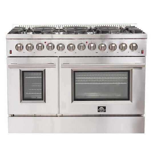 Forno 4-Piece Appliance Package - 48-Inch Dual Fuel Range, Refrigerator, 24-Inch Microwave Drawer, & 3-Rack Dishwasher in Stainless Steel - AP4-6156-48-MWD