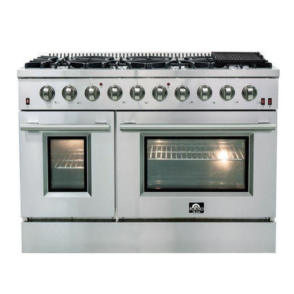 Forno 4-Piece Appliance Package - 48-Inch Gas Range, Refrigerator, 24-Inch Microwave Oven, & 3-Rack Dishwasher in Stainless Steel - AP4-6244-48-MWO
