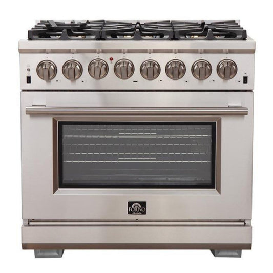 Forno 4-Piece Pro Appliance Package - 36-Inch Dual Fuel Range, Refrigerator, 24-Inch Microwave Drawer, & 3-Rack Dishwasher in Stainless Steel - AP4-6187-36-MWD