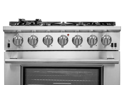 Forno 4-Piece Pro Appliance Package - 36-Inch Gas Range, Wall Mount Hood with Backsplash, 36-Inch French Door Refrigerator, and Dishwasher in Stainless Steel - AP4-6260-36