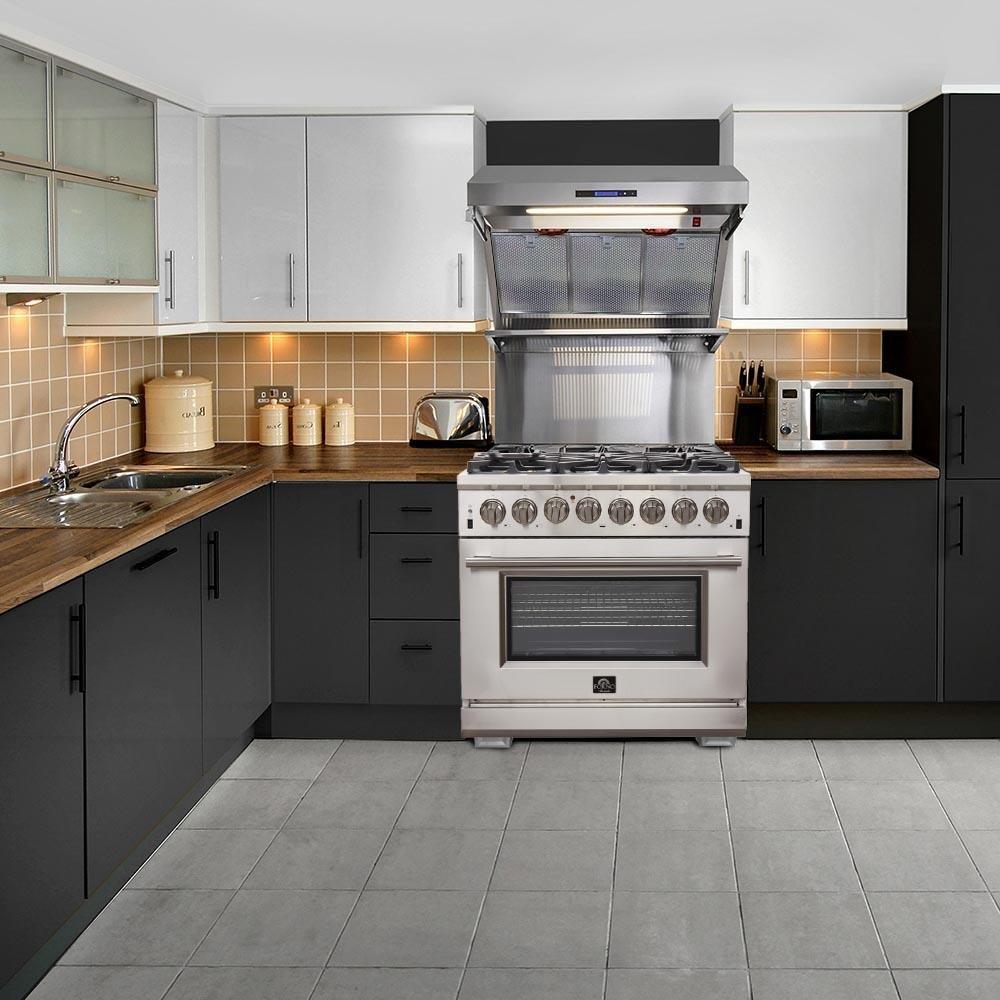 Forno 5-Piece Appliance Package - 36-Inch Dual Fuel Range, Refrigerator, Wall Mount Hood with Backsplash, 24-Inch Microwave Drawer, & 3-Rack Dishwasher in Stainless Steel - AP5-6156-36-MWD