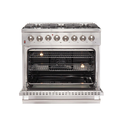 Forno 5-Piece Appliance Package - 36-Inch Dual Fuel Range, Refrigerator, Wall Mount Hood, 24-Inch Microwave Drawer, & 3-Rack Dishwasher in Stainless Steel - APR5-6156-36-H-MWD