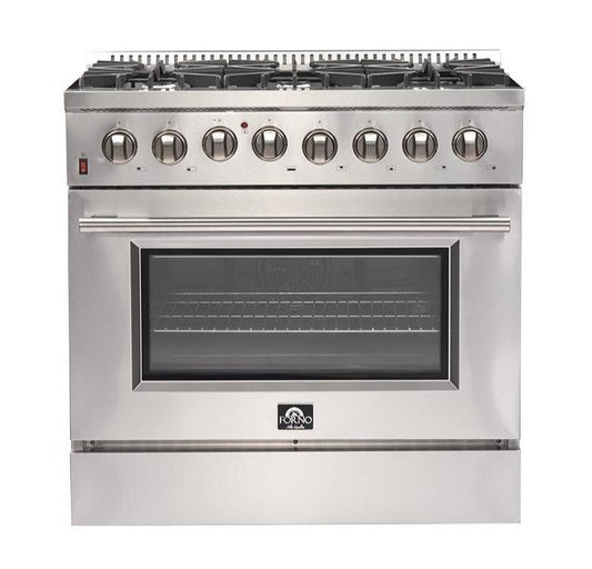 Forno 5-Piece Appliance Package - 36-Inch Dual Fuel Range, Refrigerator, Wall Mount Hood with Backsplash, 24-Inch Microwave Drawer, & 3-Rack Dishwasher in Stainless Steel - AP5-6156-36-MWD