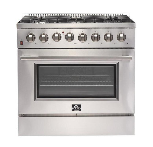 Forno 5-Piece Appliance Package - 36-Inch Dual Fuel Range, Refrigerator, Wall Mount Hood with Backsplash, 24-Inch Microwave Oven, & 3-Rack Dishwasher in Stainless Steel - AP5-6156-36-MWO