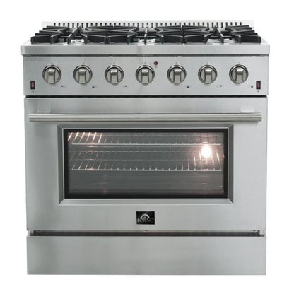 Forno 4-Piece Appliance Package - 36-Inch Gas Range, Refrigerator with Water Dispenser, Wall Mount Hood, & 3-Rack Dishwasher in Stainless Steel - APW4-6244-36-H