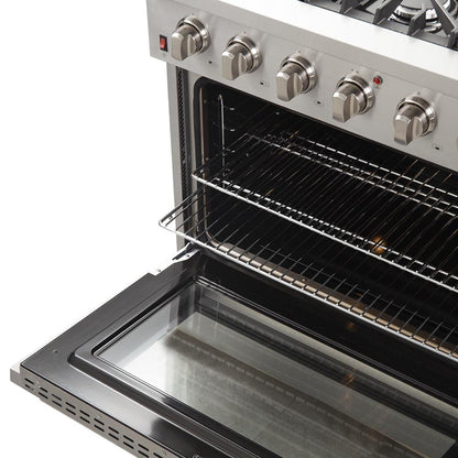 Forno 5-Piece Appliance Package - 36-Inch Gas Range, Refrigerator, Wall Mount Hood, 24-Inch Microwave Oven, & 3-Rack Dishwasher in Stainless Steel - APR5-6244-36-H-MWO