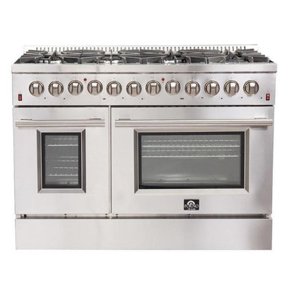 Forno 5-Piece Appliance Package - 48-Inch Dual Fuel Range, Refrigerator, Wall Mount Hood, 24-Inch Microwave Drawer, & 3-Rack Dishwasher in Stainless Steel - APR5-6156-48-H-MWD