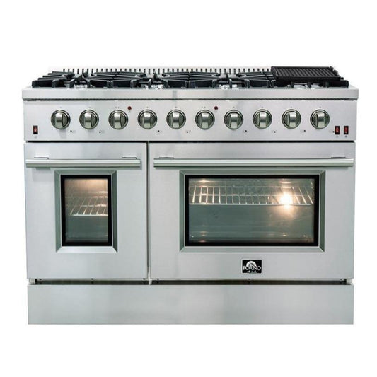 Forno 5-Piece Appliance Package - 48-Inch Gas Range, Refrigerator with Water Dispenser, Wall Mount Hood, 24-Inch Microwave Drawer, & 3-Rack Dishwasher in Stainless Steel - APW5-6244-48-H-MWD