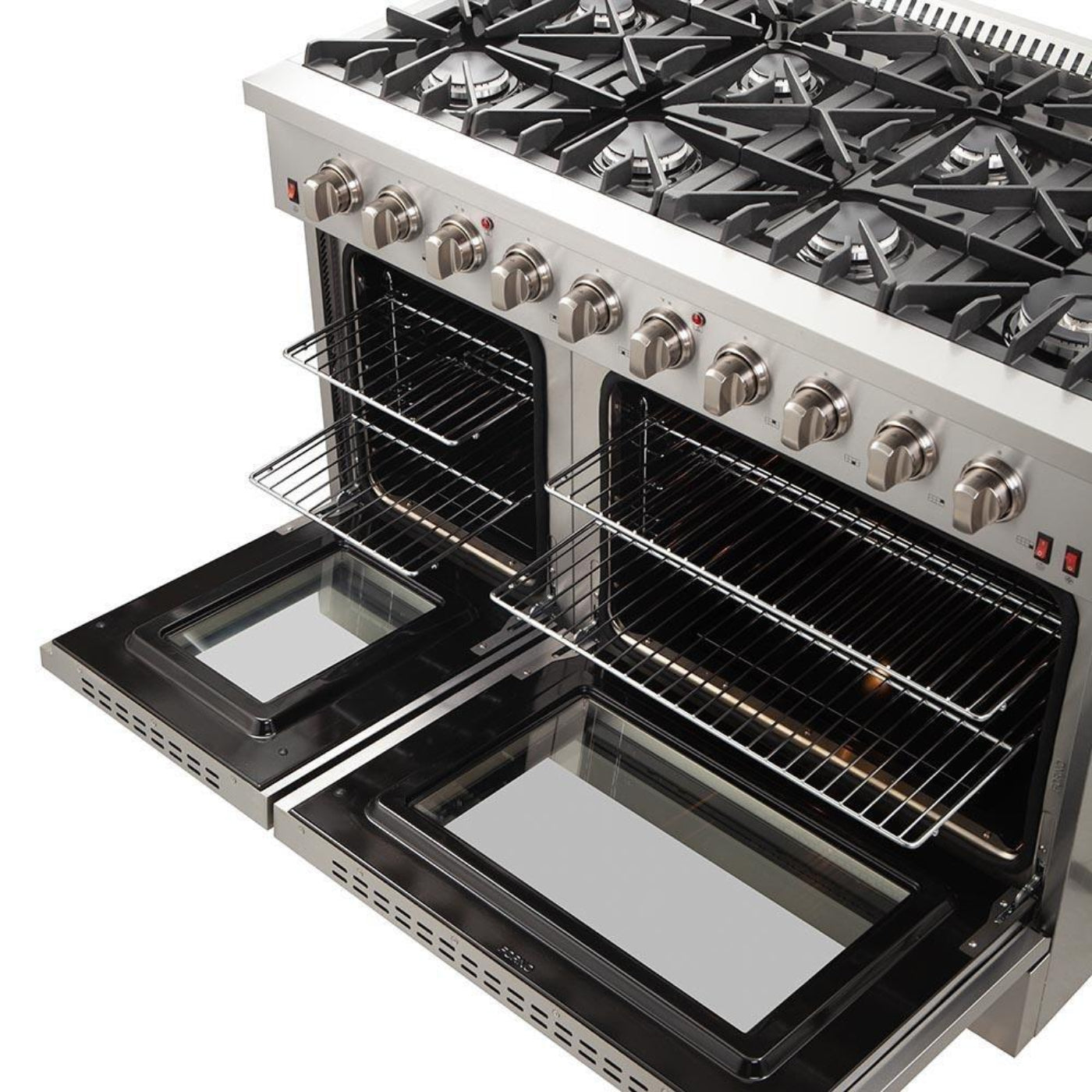 Forno 5-Piece Appliance Package - 48-Inch Gas Range, Refrigerator with Water Dispenser, Wall Mount Hood, 24-Inch Microwave Oven, & 3-Rack Dishwasher in Stainless Steel - APW5-6244-48-H-MWO