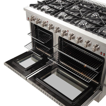 Forno 5-Piece Appliance Package - 48-Inch Gas Range, Refrigerator with Water Dispenser, Wall Mount Hood, 24-Inch Microwave Oven, & 3-Rack Dishwasher in Stainless Steel - APW5-6244-48-H-MWO