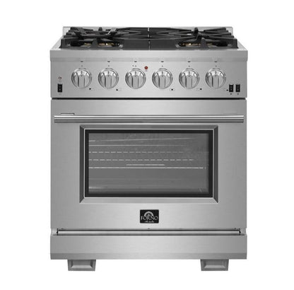 Forno 4-Piece Pro Appliance Package - 30-Inch Gas Range, 36-Inch Refrigerator Wall Mount Hood, & 3-Rack Dishwasher in Stainless Steel - APR4-6260-30-H