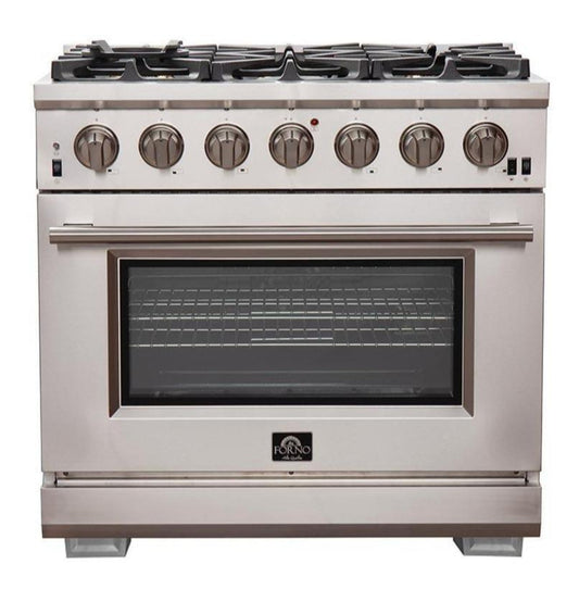 Forno 5-Piece Pro Appliance Package - 36-Inch Gas Range, Refrigerator, Wall Mount Hood with Backsplash, 24-Inch Microwave Drawer, & 3-Rack Dishwasher in Stainless Steel - AP5-6260-36-MWD