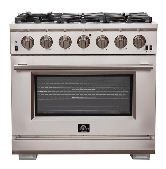 Forno 4-Piece Pro Appliance Package - 36-Inch Gas Range, Refrigerator, Wall Mount Hood, & 3-Rack Dishwasher in Stainless Stee - APR4-6260-36-Hl