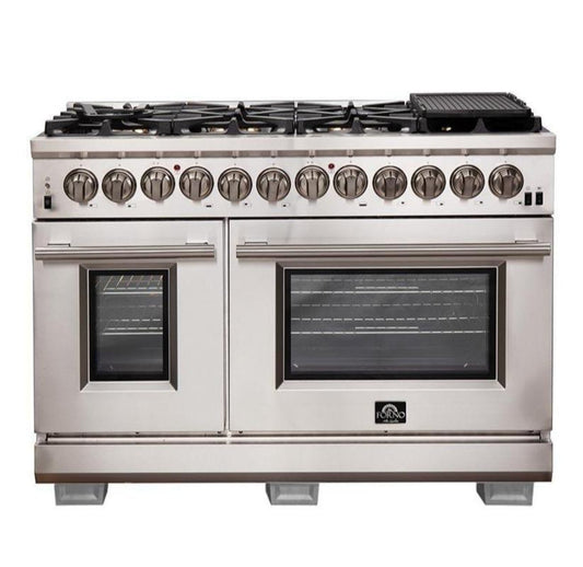 Forno 5-Piece Pro Appliance Package - 48-Inch Dual Fuel Range, Refrigerator, Wall Mount Hood with Backsplash, 24-Inch Microwave Oven, & 3-Rack Dishwasher in Stainless Steel - AP5-6187-48-MWO