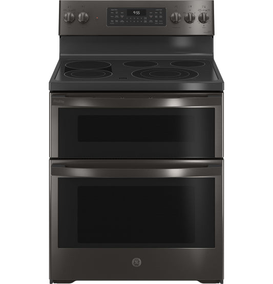 GE APPLIANCES GE Profile 30" Smart Free-Standing Electric Double Oven Convection Range with No Preheat Air Fry Black in Stainless Steel - PB965BPTS