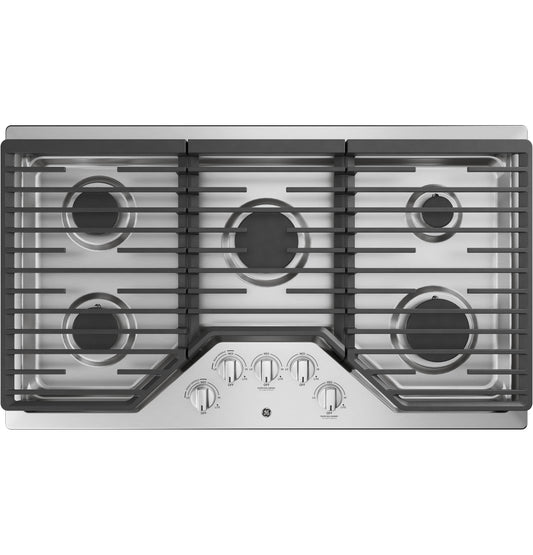 GE APPLIANCES GE 36" Built-In Gas Cooktop with 5 Burners and Dishwasher Safe Grates in Stainless Steel - JGP5036SLSS