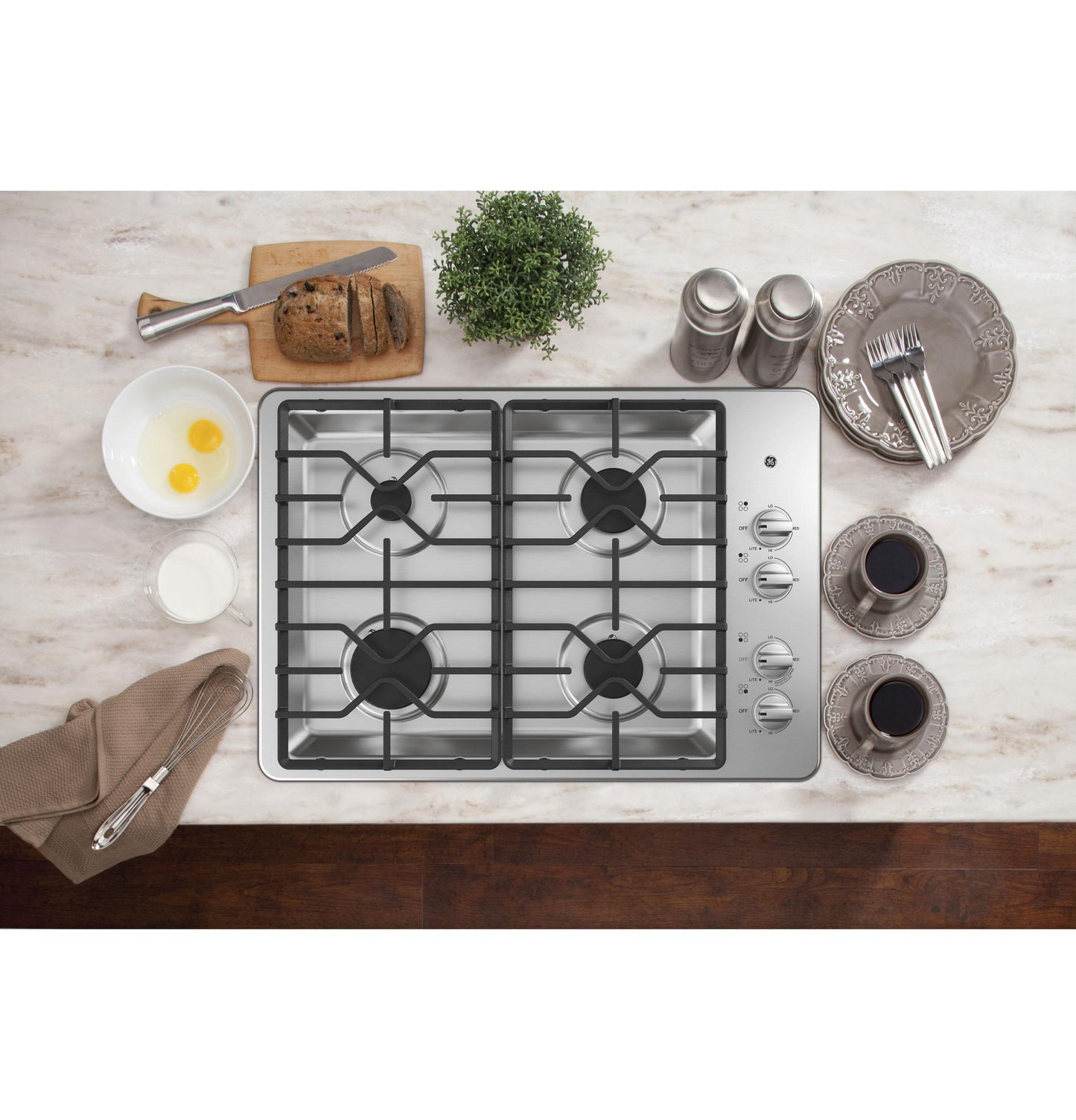GE APPLIANCES 30" Built-In Gas Cooktop with Dishwasher-Safe Grates in Stainless Steel - JGP3030SLSS