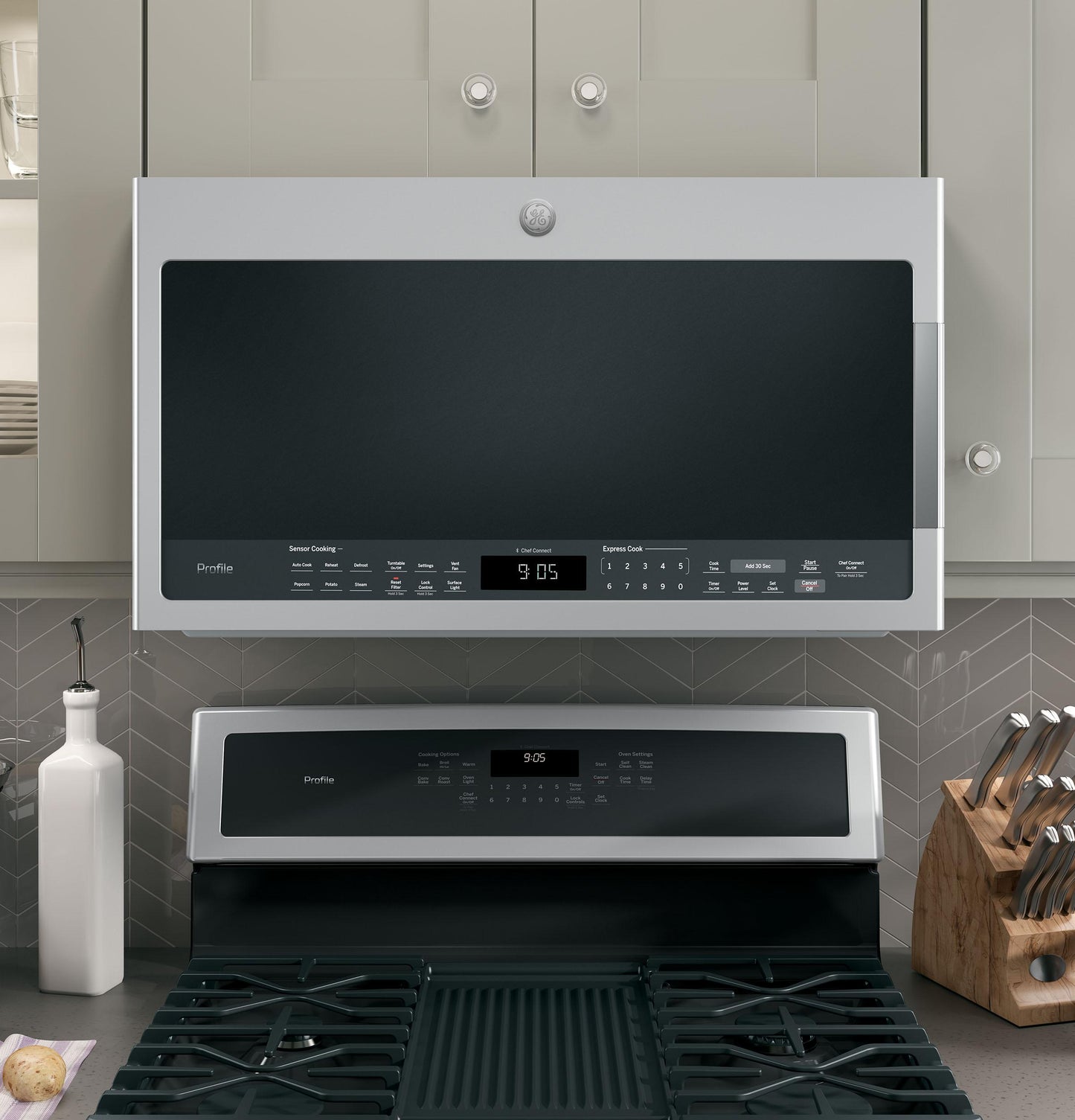 GE APPLIANCES Profile 2.1 Cu. Ft. Over-the-Range Sensor Microwave Oven in Stainless Steel - PVM9005SJSS