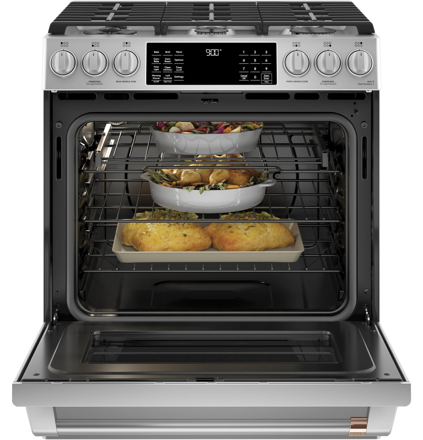 CAFE  30" Smart Slide-In, Front-Control, Dual-Fuel Range with Warming Drawer in Stainless Steel - C2S900P2MS1