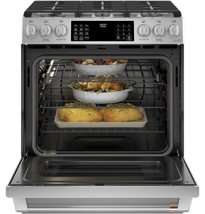 CAFE  30" Smart Slide-In, Front-Control, Dual-Fuel Range with Warming Drawer in Stainless Steel - C2S900P2MS1