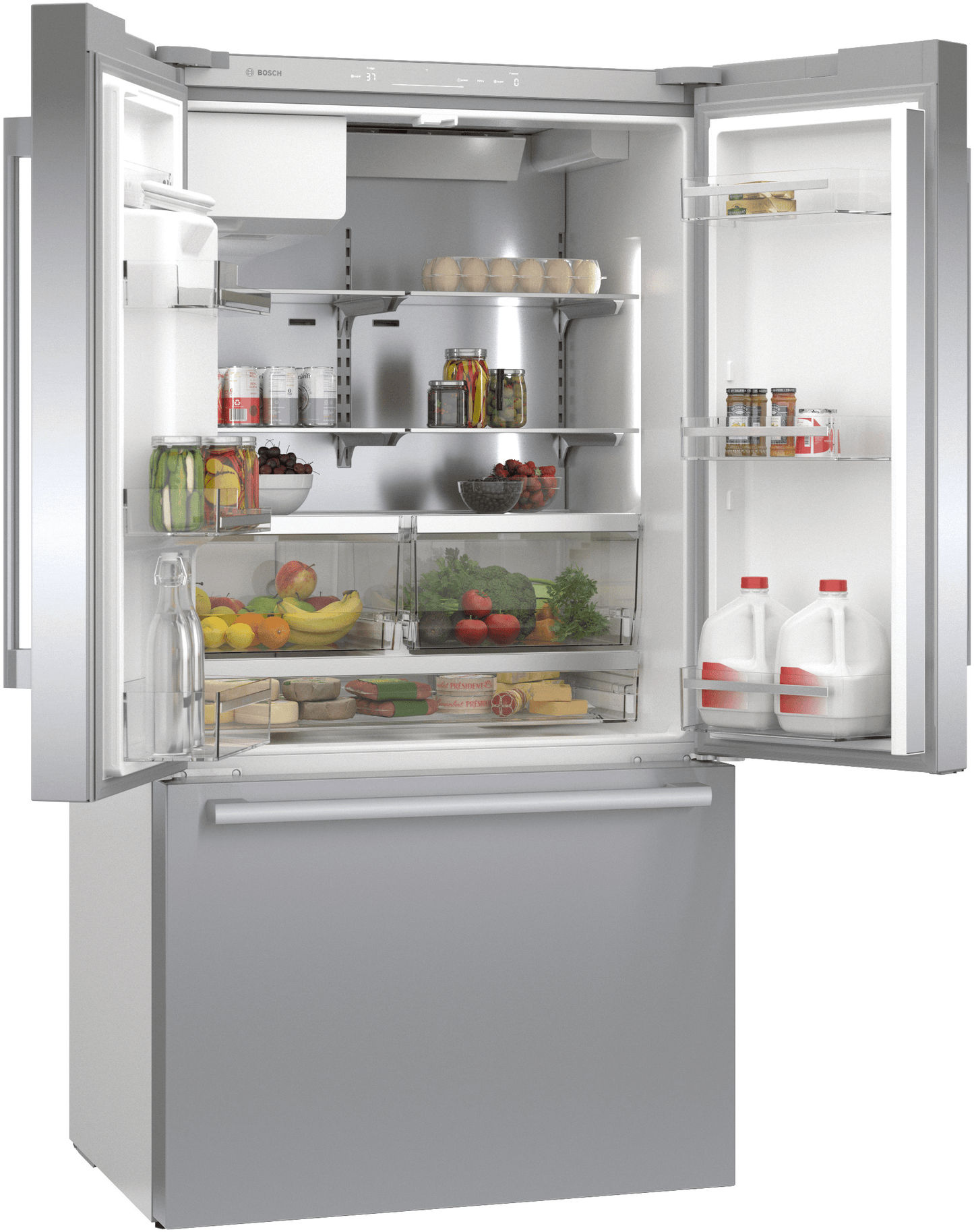 BOSCH B36CD52SNS 500 Series, French Door Bottom freezer, multi door, 36'', Brushed steel (with anti-fingerprint), Total No Frost in Stainless Steel - B36CD52SNS