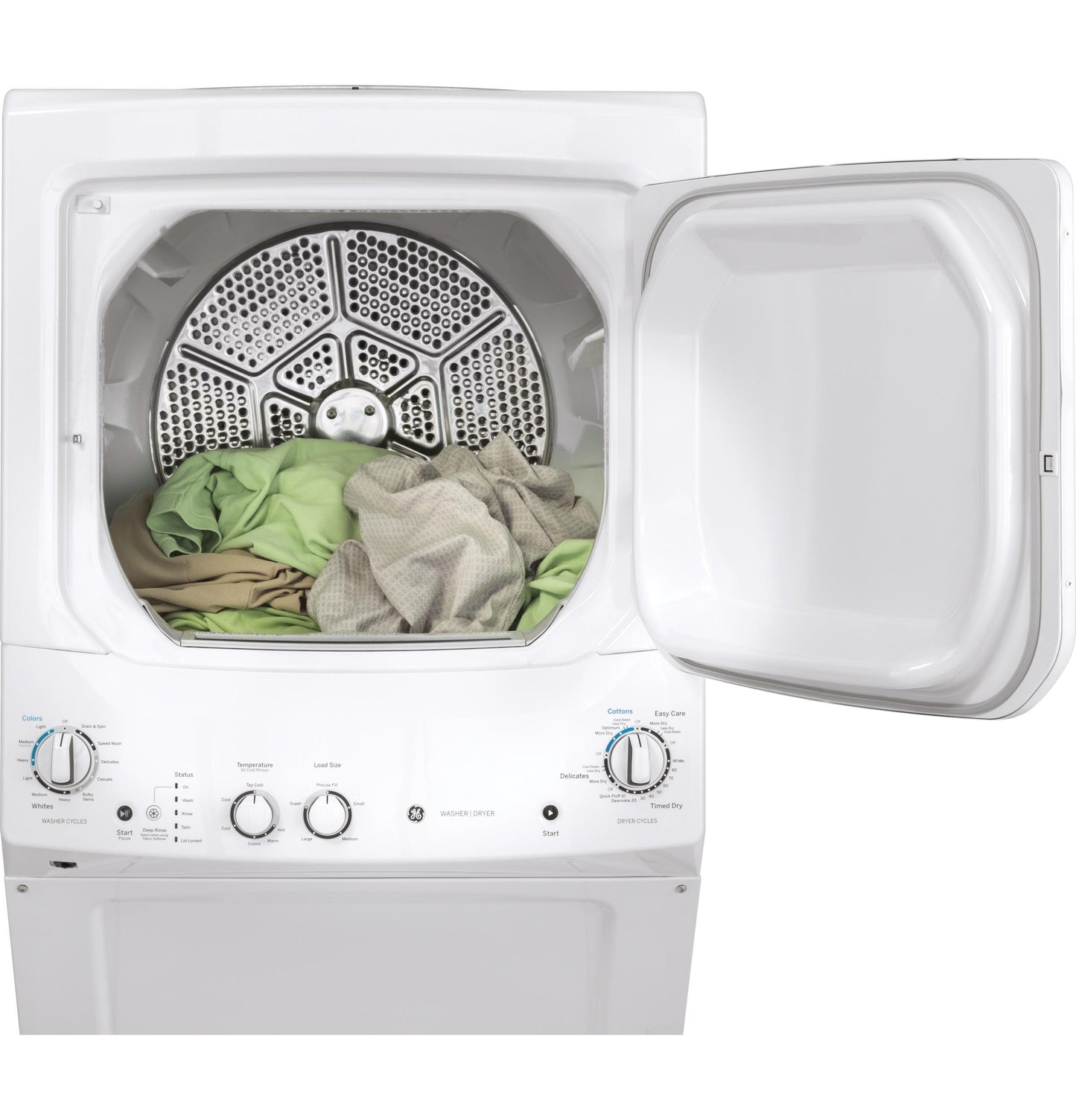 GE APPLIANCES GE Unitized Spacemaker 3.8 cu. ft. Capacity Washer with in Stainless Steel Basket and 5.9 cu. ft. Capacity Long Vent Electric Dryer White - GUV27ESSMWW