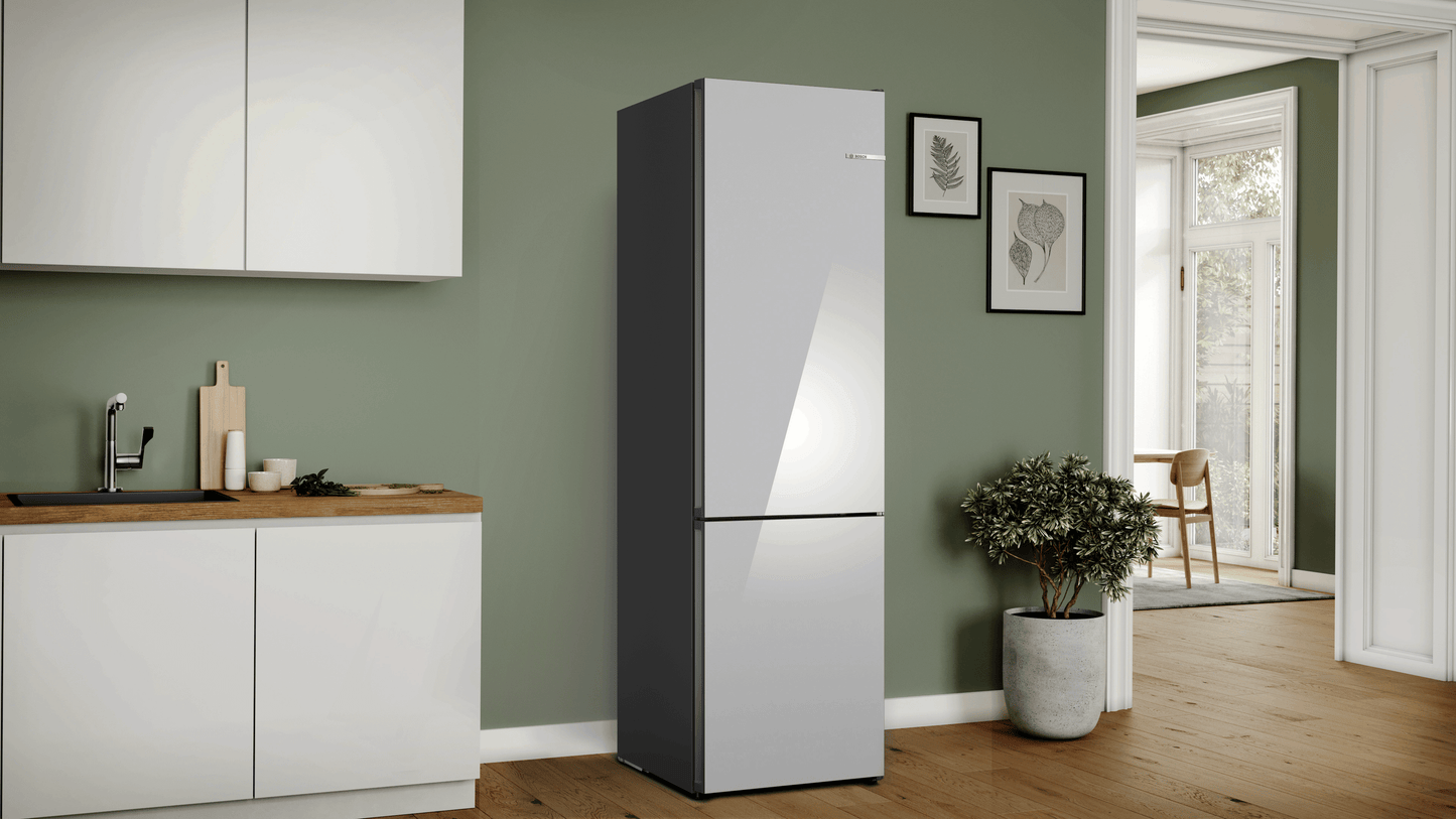 BOSCH B24CB80ESW 800 Series, free-standing fridge-freezer with freezer at bottom, glass door, 24'', White, Total No Frost White - B24CB80ESW