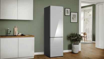BOSCH B24CB80ESW 800 Series, free-standing fridge-freezer with freezer at bottom, glass door, 24'', White, Total No Frost White - B24CB80ESW
