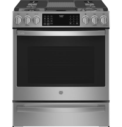 GE APPLIANCES GE Profile 30" Smart Slide-In Front-Control Gas Fingerprint Resistant Range with No Preheat Air Fry in Stainless Steel - PGS930YPFS