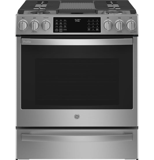 GE APPLIANCES GE Profile 30" Smart Slide-In Front-Control Gas Fingerprint Resistant Range with No Preheat Air Fry in Stainless Steel - PGS930YPFS