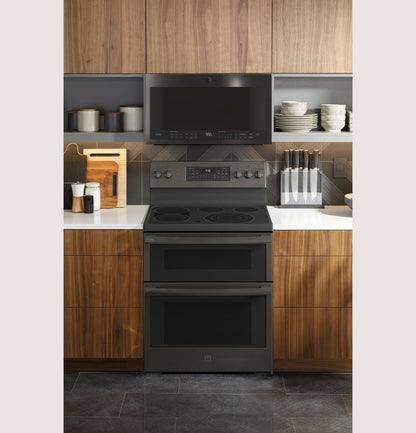 GE APPLIANCES GE Profile 30" Smart Free-Standing Electric Double Oven Convection Range with No Preheat Air Fry Black in Stainless Steel - PB965BPTS
