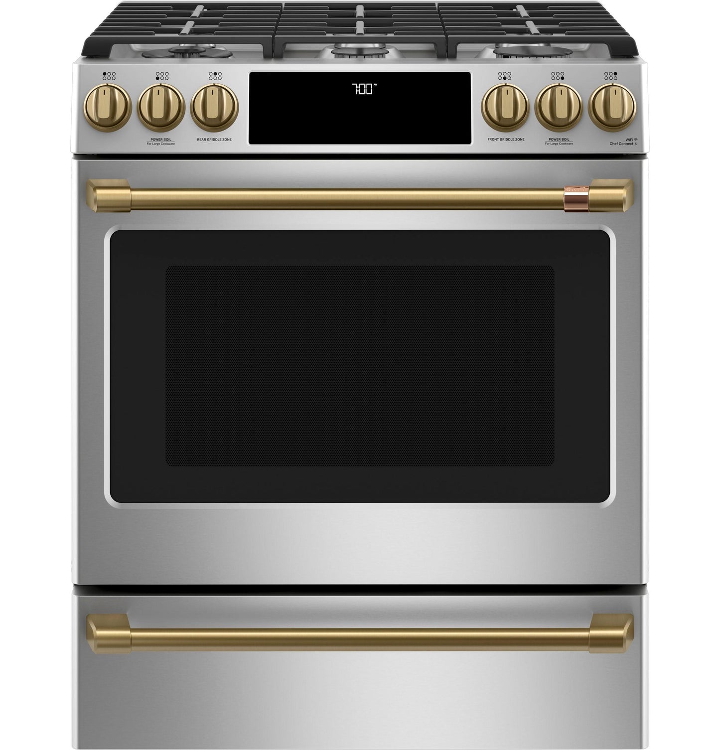CAFE CGS700P2MS1 CAFé™ 30" Smart Slide-In, Front-Control, Gas Range with Convection Oven in Stainless Steel - CGS700P2MS1