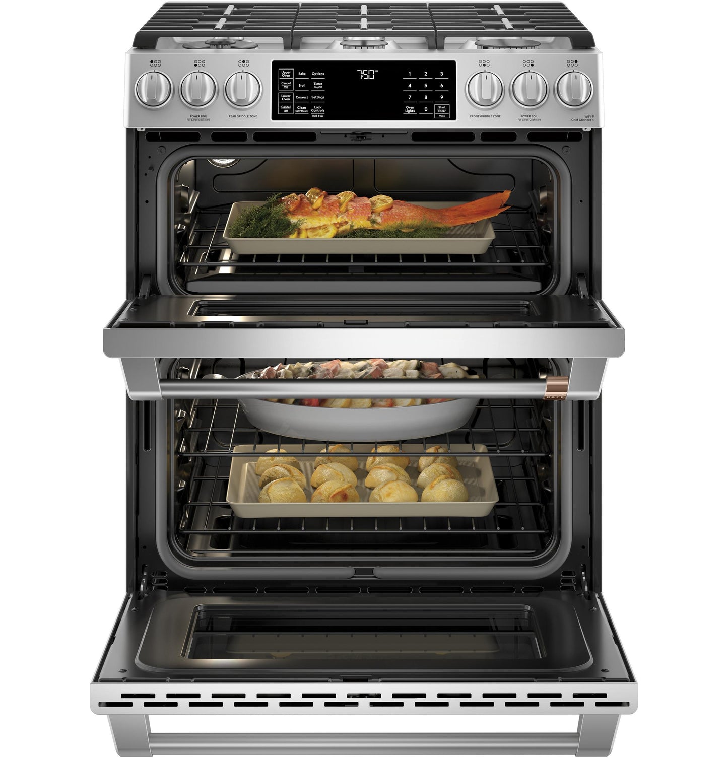 CAFE  30" Smart Slide-In, Front-Control, Gas Double-Oven Range with Convection in Stainless Steel - CGS750P2MS1