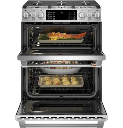 CAFE  30" Smart Slide-In, Front-Control, Gas Double-Oven Range with Convection in Stainless Steel - CGS750P2MS1