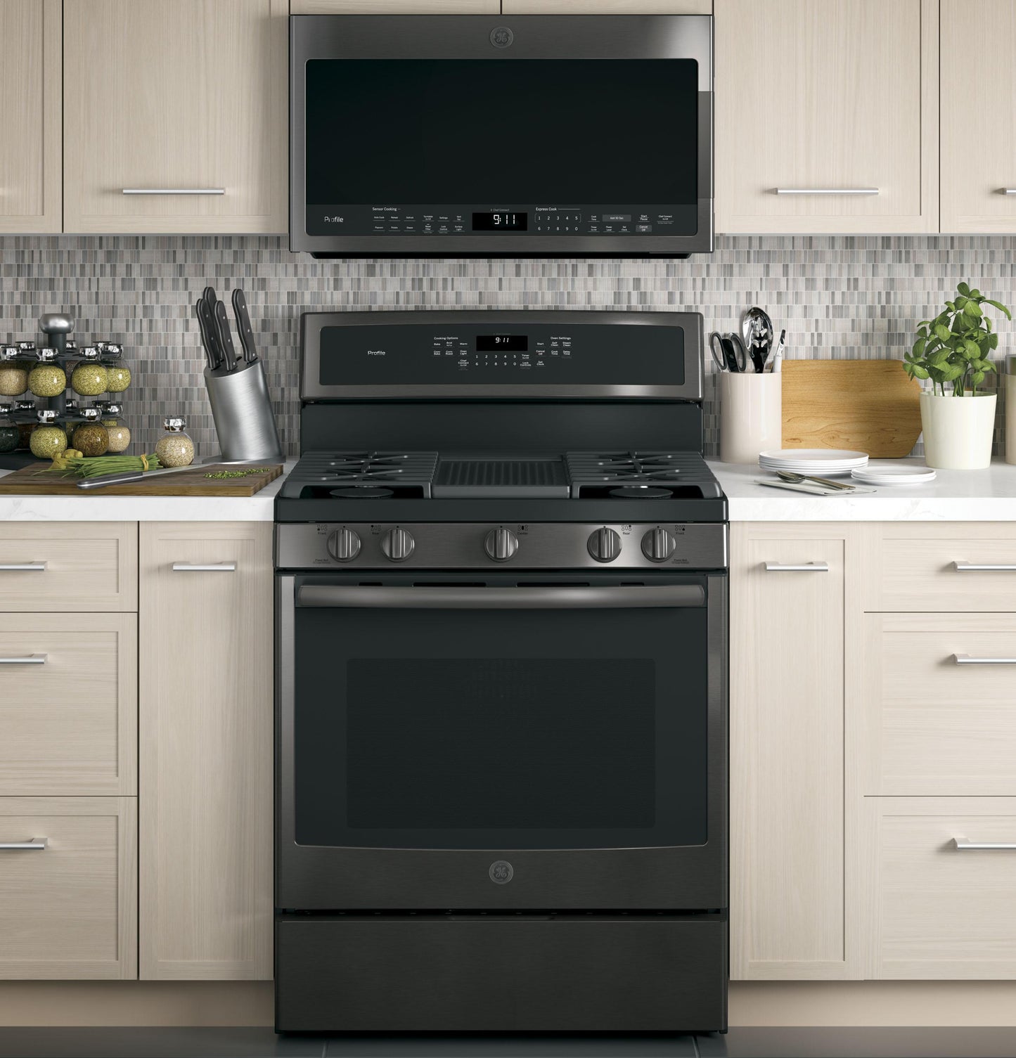GE APPLIANCES GE Profile 2.1 Cu. Ft. Over-the-Range Sensor Microwave Oven Black in Stainless Steel - PVM9005BLTS