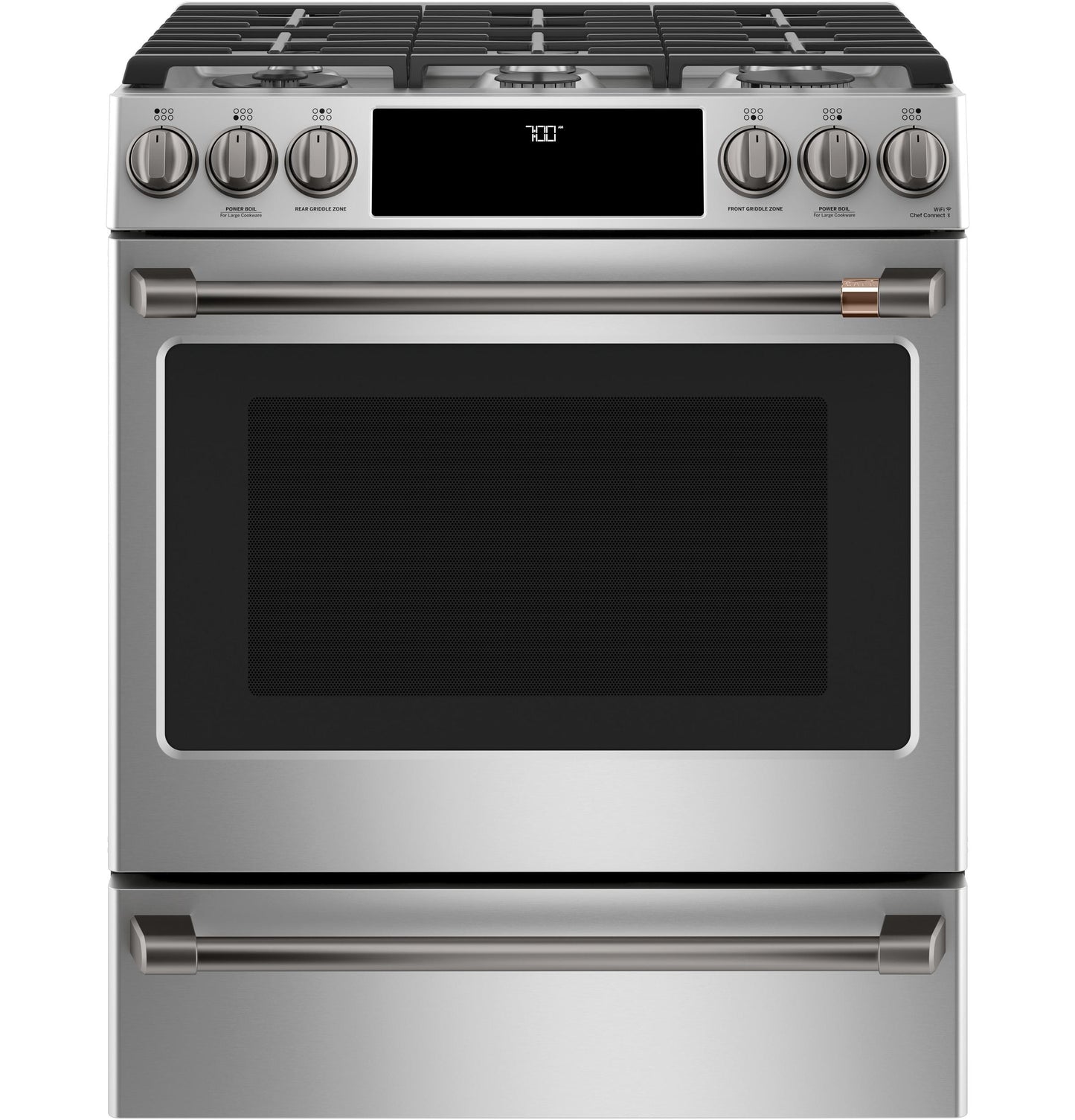 CAFE CGS700P2MS1 CAFé™ 30" Smart Slide-In, Front-Control, Gas Range with Convection Oven in Stainless Steel - CGS700P2MS1