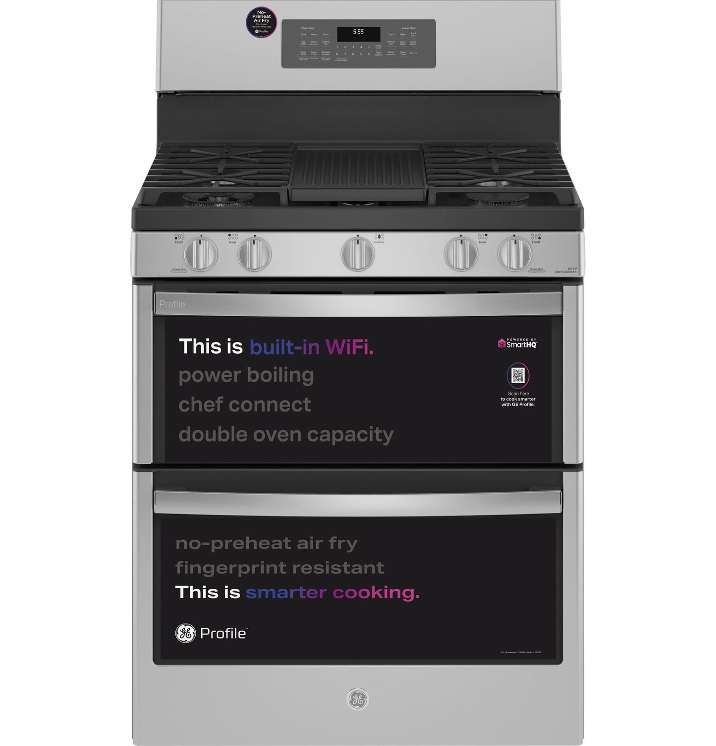 GE APPLIANCES GE Profile 30" Free-Standing Gas Double Oven Convection Fingerprint Resistant Range with No Preheat Air Fry in Stainless Steel - PGB965YPFS