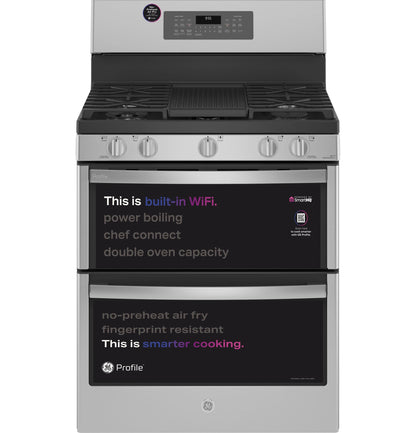 GE APPLIANCES GE Profile 30" Free-Standing Gas Double Oven Convection Fingerprint Resistant Range with No Preheat Air Fry in Stainless Steel - PGB965YPFS
