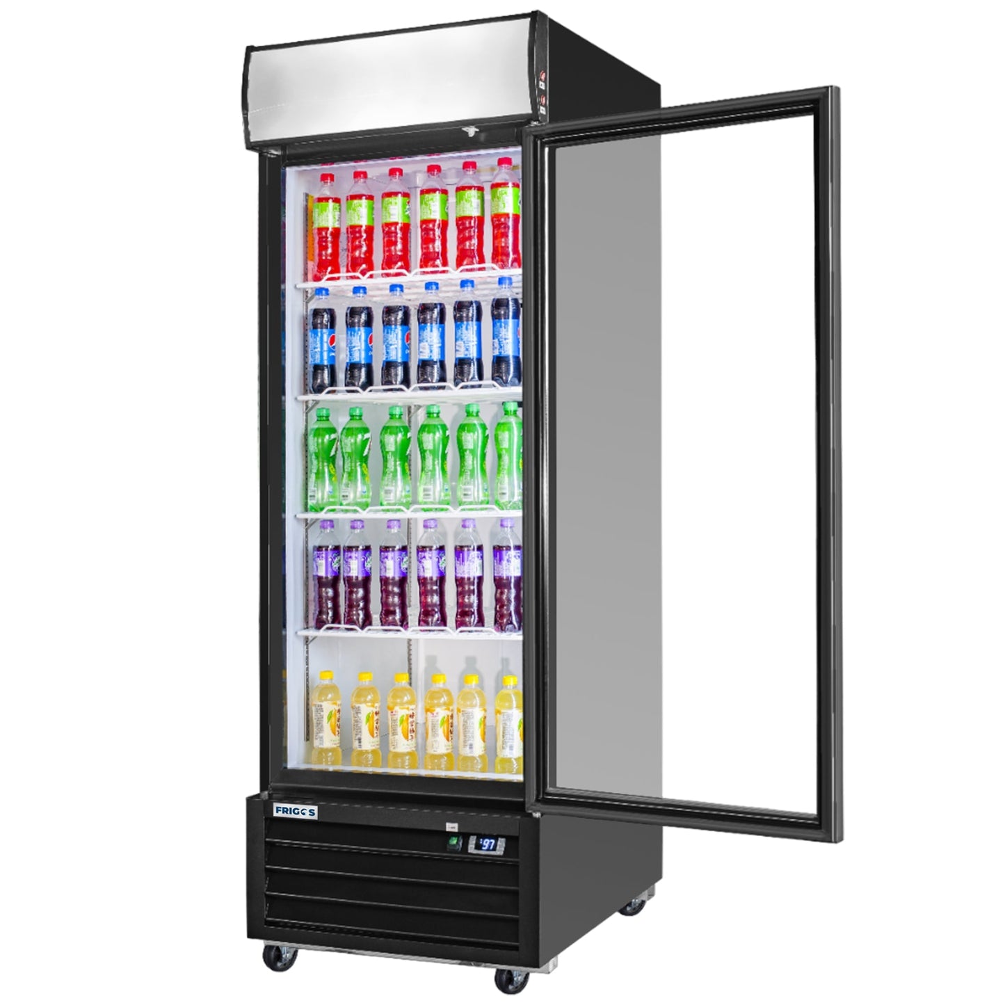 Frigos Merchandiser Refrigerator 27" Width Black Swing Glass 1 Door with LED Lighting with Aluminum Interior with 304 Stainless Steel Floor - FG-MR-1D-G