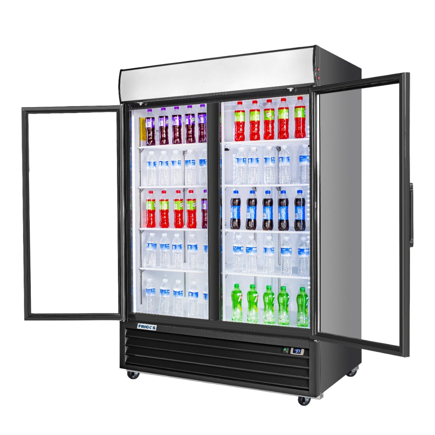 Frigos Merchandiser Refrigerator 54" Width Black Swing Glass 2 Door with LED Lighting with Aluminum Interior with 304 Stainless Steel Floor - FG-MR-2D-G