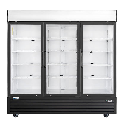 Frigos Commercial Merchandising Refrigerator 80" Width Black Swing Glass 3 Door with LED Lighting with Aluminum Interior with 304 Stainless Steel Floor - FG-MR-3D-G
