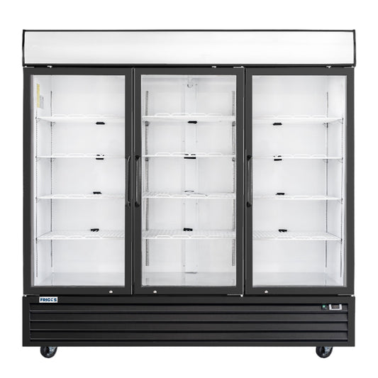 Frigos Commercial Merchandising Refrigerator 80" Width Black Swing Glass 3 Door with LED Lighting with Aluminum Interior with 304 Stainless Steel Floor - FG-MR-3D-G