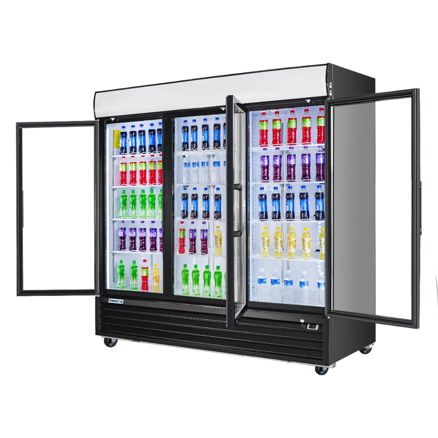 Frigos Commercial Merchandising Refrigerator 80" Width Black Swing Glass 3 Door with LED Lighting with Aluminum Interior with 304 Stainless Steel Floor - FG-MR-3D-G