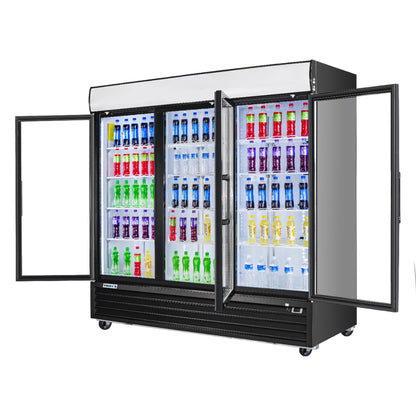 Frigos Commercial Merchandising Refrigerator 80" Width Black Swing Glass 3 Door with LED Lighting with Aluminum Interior with 304 Stainless Steel Floor - FG-MR-3D-G