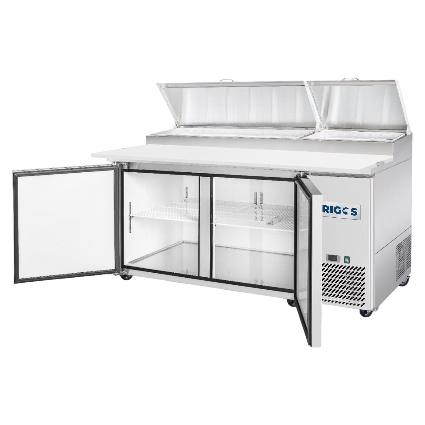 Frigos Pizza Prep Table Refrigerator 67" Width 2 Door Frigos FG-PZPT-67 with Aluminum Interior with 304 Stainless Steel Floor - FG-PZPT-67