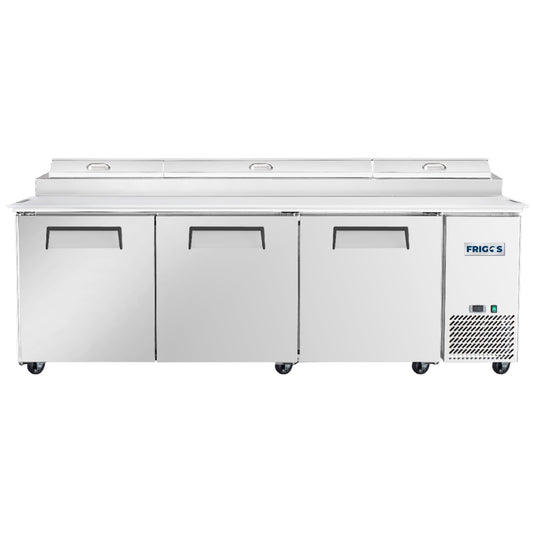 Frigos Pizza Prep Table Refrigerator 93" Width 3 Door with Aluminum Interior with 304 Stainless Steel Floor - FG-PZPT-93